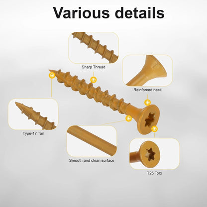 120-Piece #9 x 3-Inch Tan Deck Screws - T25 Torx Star Drive Anti-Corrosion Wood Screws with Drive Bit