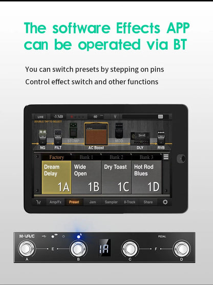 M-VAVE Chocolate MIDI Controller Pedal – Bluetooth Rechargeable, 4 Buttons with APP Control & Wireless Transmission
