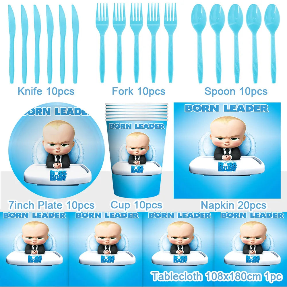 Cartoon Boss Baby Birthday Party Set - Disposable Tableware, Backdrop & Balloons for Kids Baby Shower Decor