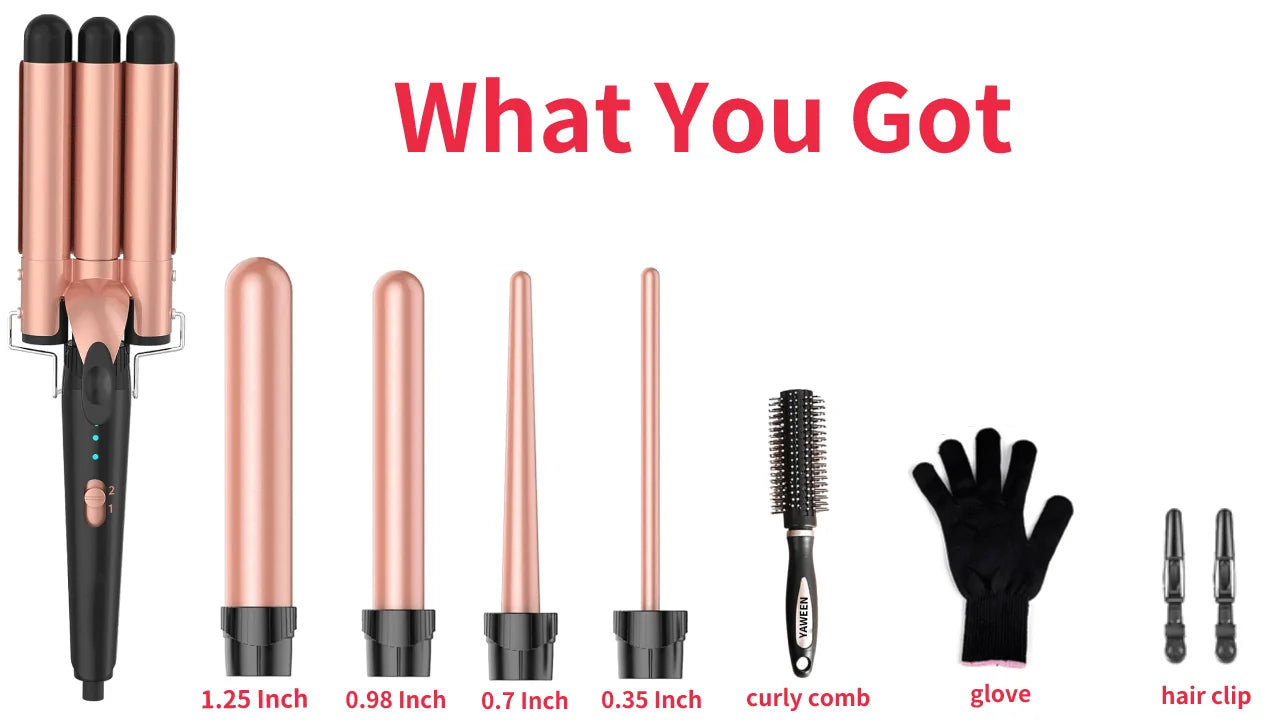 5 in 1 Hair Curler Wand Set with Curling Brush – 0.35” to 1.25” Curling Iron, Heat Resistant Glove & Hair Clips