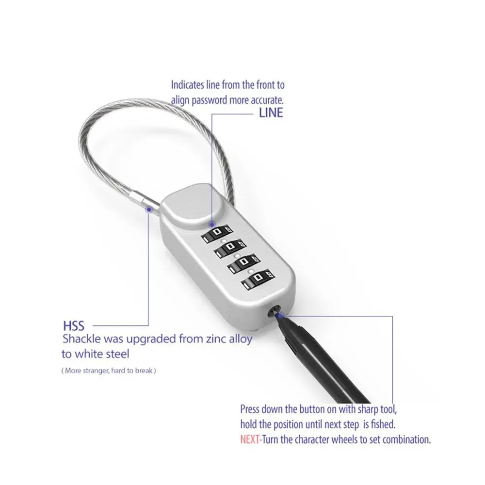 Portable 4-Digit Combination Lock – Zinc Alloy Anti-Theft Wire Rope Padlock for Luggage & Backpack Zippers