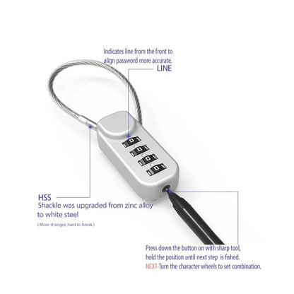 Portable 4-Digit Combination Lock – Zinc Alloy Anti-Theft Wire Rope Padlock for Luggage & Backpack Zippers