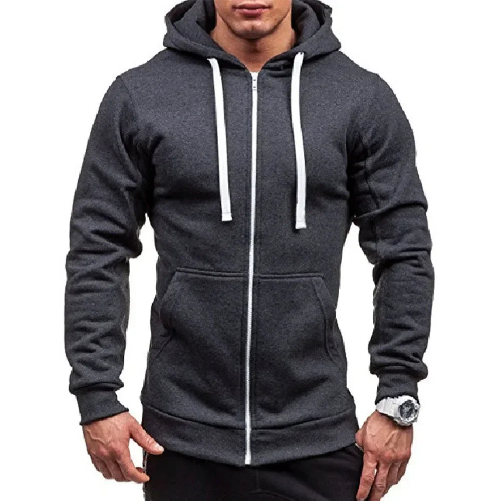 Men’s Casual Zip Hoodie – Solid Color Hooded Sweatshirt Jacket Cardigan for Spring & Autumn