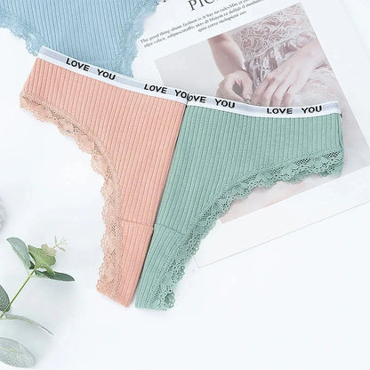 3Pcs Lace Thong Set - Women’s Low Waist Sexy Tanga Cotton Panties, T-Back Lingerie Underwear