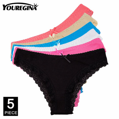 Women’s Cotton Lace Panties Set - 5Pcs Sexy Bikini Briefs with Striped Print Underwear for Ladies & Girls