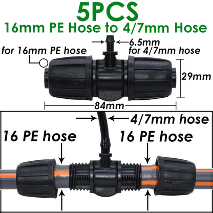 KESLA 5PCS 16mm 1/2'' PE Pipe Connector Splitter Tee for Effortless Drip Irrigation - Adapts to 4/7mm & 3/5mm Garden Hose