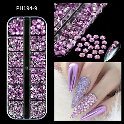 12-Grid Mixed Nail Rhinestones SS6-SS30 – Shiny Flat-Back Gems in Clear, Gold, Pink & Blue for Nail Art Decoration