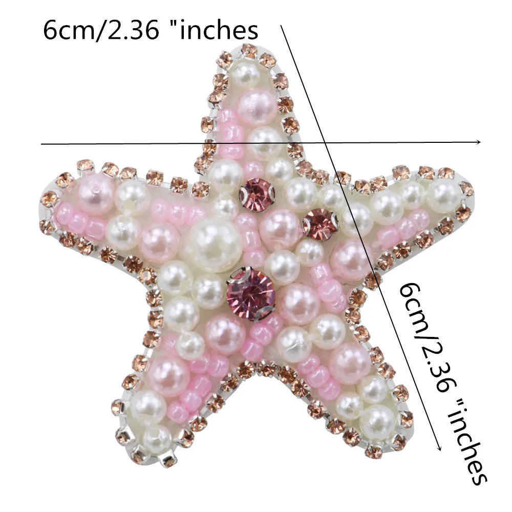 Marine Series Rhinestone Patches - Handmade Shell Starfish Seahorse Leaf Beaded Sewing Appliques for DIY Clothing