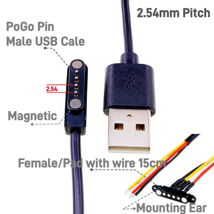 Magnetic Pogo Pin Connector - 2–5 Pin Spring-Loaded Male/Female Power Socket, 2.54/2.8mm Spacing, USB Cable Compatible