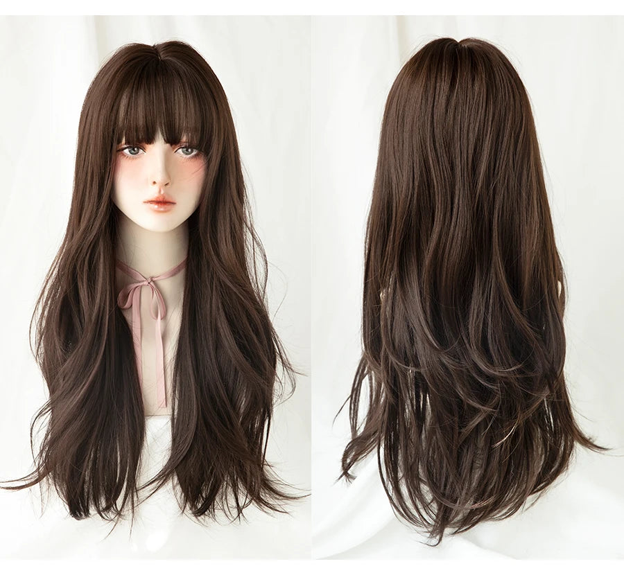 7JHH Brown Ash Long Deep Wave Lolita Wig for Women — Synthetic Hair with Bangs, Thick Curly Fashion Wig