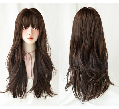 7JHH Brown Ash Long Deep Wave Lolita Wig for Women — Synthetic Hair with Bangs, Thick Curly Fashion Wig