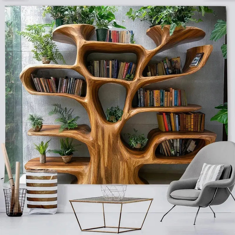 Tree Shaped Bookshelf Tapestry - Lush Plant Wall Decor for Bedroom & Living Room