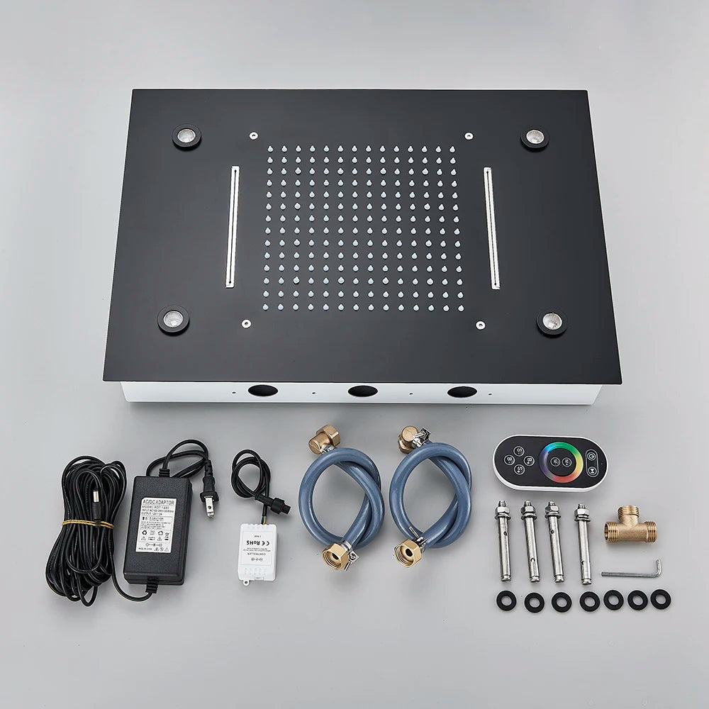 Black Ceiling Mounted LED Rainfall Shower Head – Intelligent Remote Control Concealed Waterfall Tap