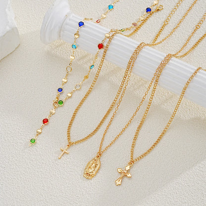 4Pcs Colorful Crystal Necklace Set - Gold & Silver Y-Shaped Pendant Chain Jewelry for Women with Cross Design