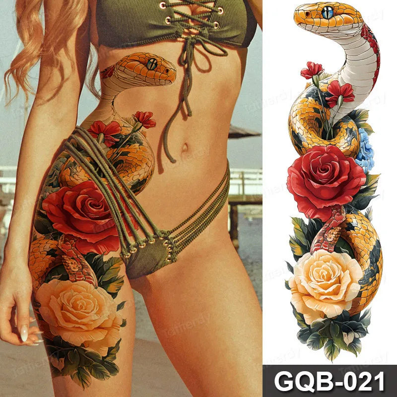 Full Arm Dragon Skull Tattoo Sleeve - Waterproof Temporary Body Art Sticker with Clock Compass Flower Design for Men & Women
