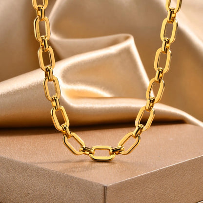 Chunky Gold-Plated Link Necklace — Stainless Steel Oval Chain Choker for Women, Minimalist Jewelry