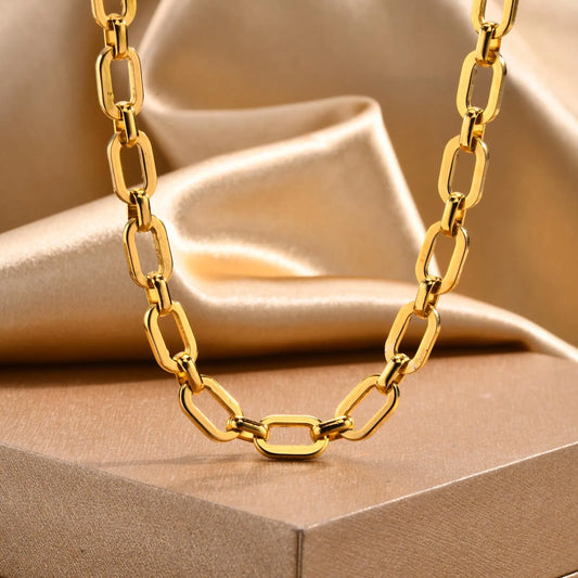 Chunky Gold-Plated Link Necklace — Stainless Steel Oval Chain Choker for Women, Minimalist Jewelry
