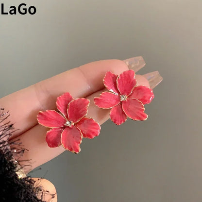 Modern 925 Silver Red Flower Stud Earrings — Spring/Summer Popular Big Earrings for Women & Girls, Fashion Jewelry Gift