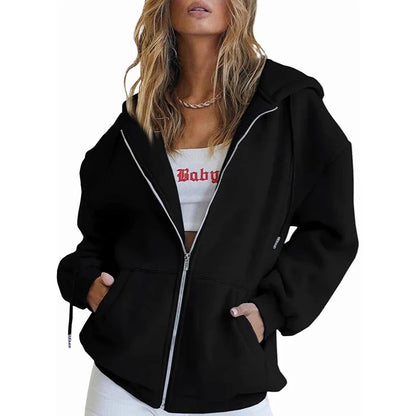 Women’s Gray Zip-Up Hoodie Sweatshirt – Autumn Winter Long Sleeve Jacket with Pockets