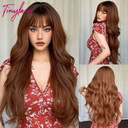 Super Long Curly Wavy Brown Synthetic Wig with Bangs – Heat-Resistant Afro Style for Cosplay, Party, Halloween, White Women