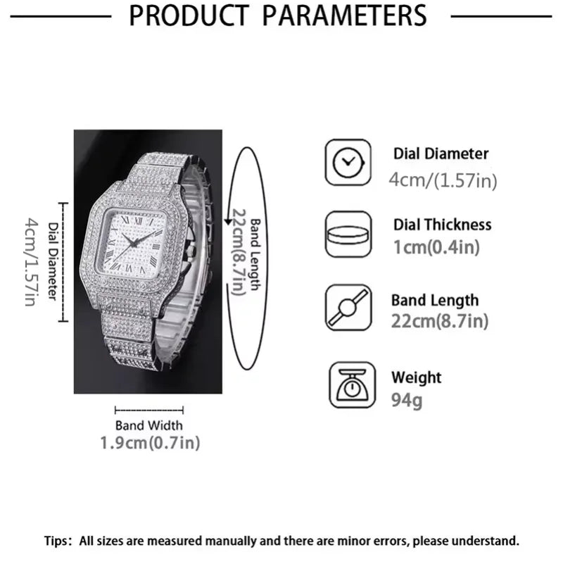 Luxury Men’s Square Quartz Watch - Steel Strap Roman Numeral Rhinestone Business Wristwatch for Casual Style