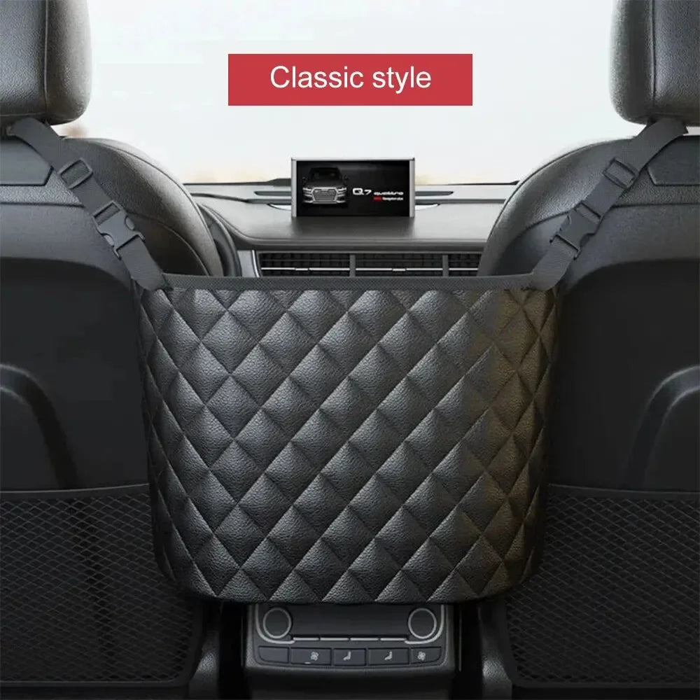 Large Capacity Car Middle Seat Storage Net - Leather Hanging Bag & Seat Back Organizer