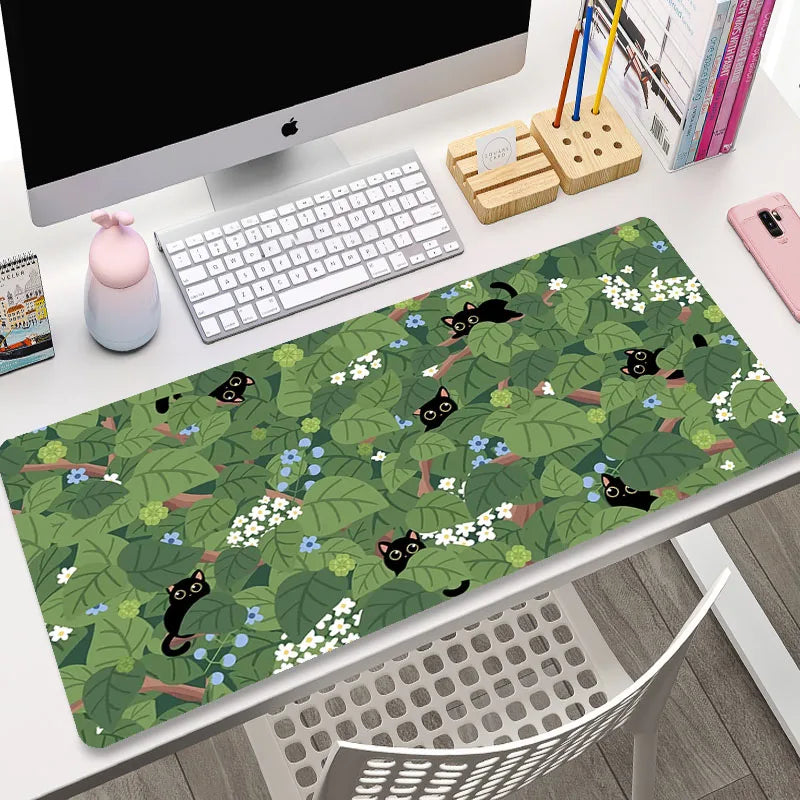 Cute Cat Gaming Mouse Pad - XL Green Plant Design XXL Desk Mat for Keyboard Computer Laptop Gamer Setup