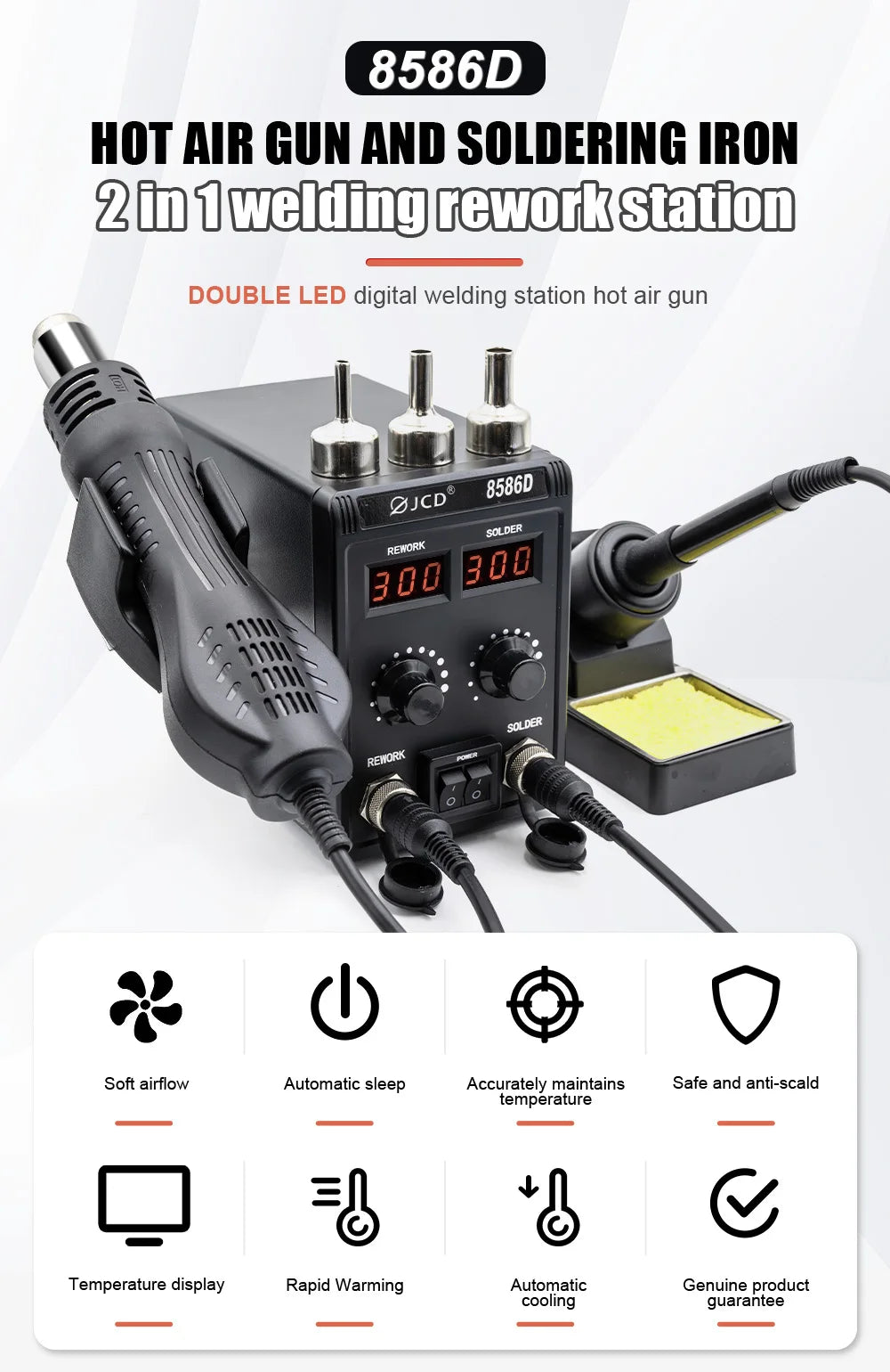 JCD 8586D 2-in-1 750W Soldering Station with Hot Air Gun – LCD Digital Display Electric Soldering Iron for SMD Welding & Rework