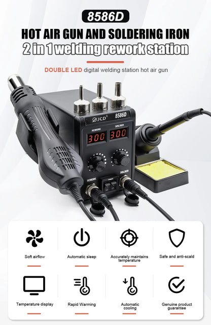JCD 8586D 2-in-1 750W Soldering Station with Hot Air Gun – LCD Digital Display Electric Soldering Iron for SMD Welding & Rework