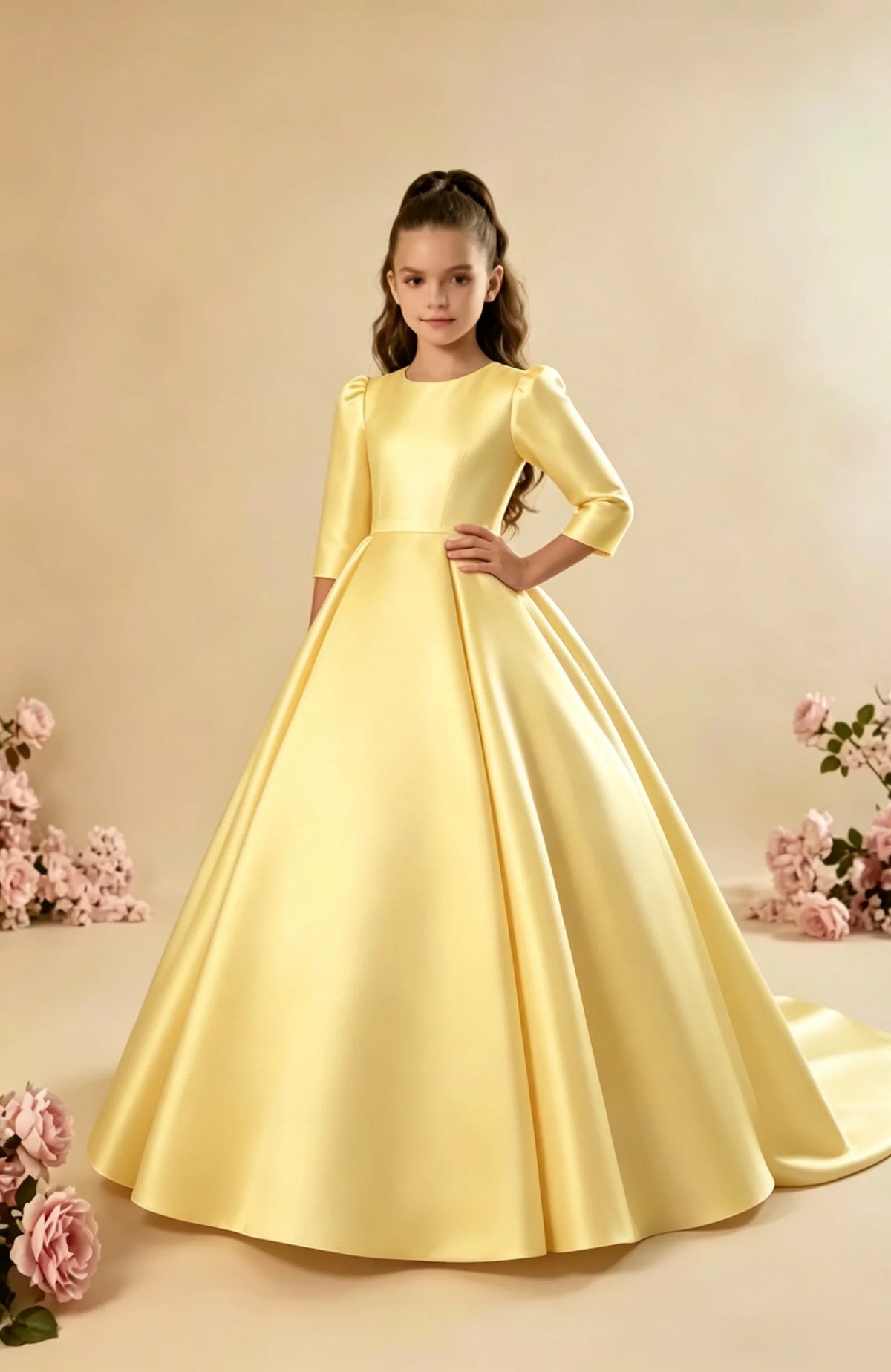 Girls First Communion Satin Dress - Long Sleeve A-Line Princess Gown for Weddings & Parties