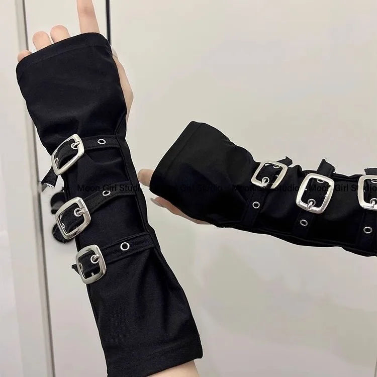 Y2K Personalized Buckle Fingerless Gloves - Punk Hip Hop Stage Performance & Street Dance Sleeves