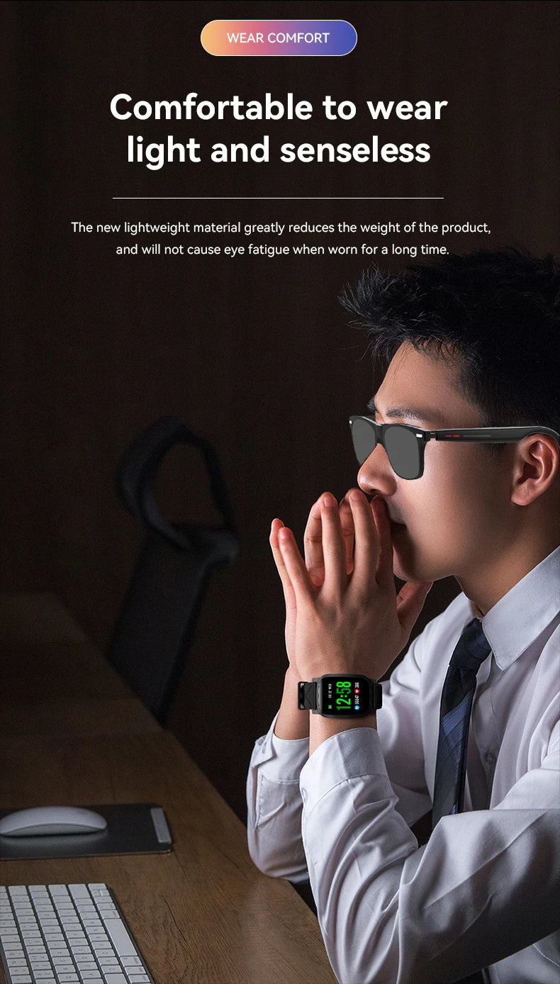 Smart Bluetooth Sunglasses for Men — Touch Control, Music & Calls, Remote Camera, Stereo Mic, AI Voice Assistant for Android & iOS