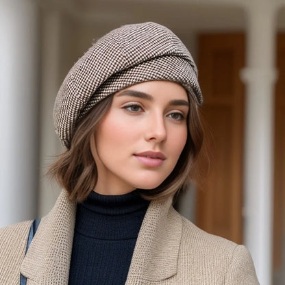 Women's Wool Beret Hat - Elegant Vintage Plaid Octagonal Style for Winter and Autumn Casual Wear