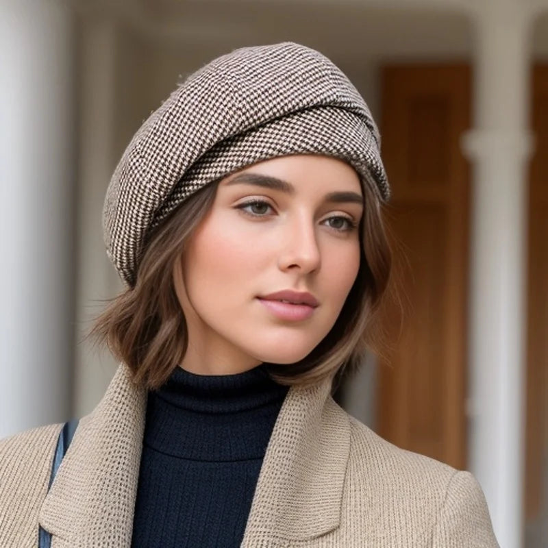 Women's Wool Beret Hat - Elegant Vintage Plaid Octagonal Style for Winter and Autumn Casual Wear