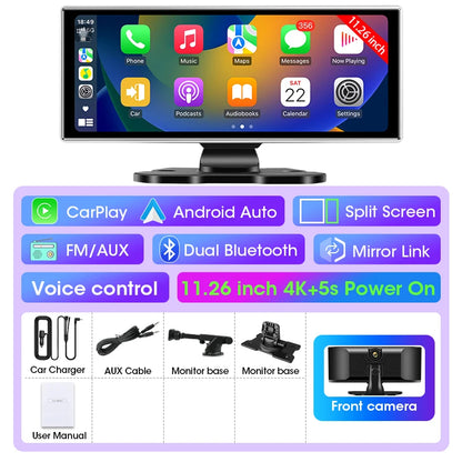 4K Dash Cam 10–11.26 Inch Car DVR – Wireless CarPlay & Android Auto GPS Navigation Dual Lens Video Recorder with WiFi FM AUX