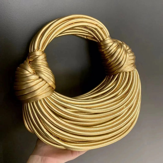 New Gold Luxury Designer Handbags for Women - Handwoven Noodle Bags with Rope Knotted Pulled Hobo, Silver Evening Clutch Chic