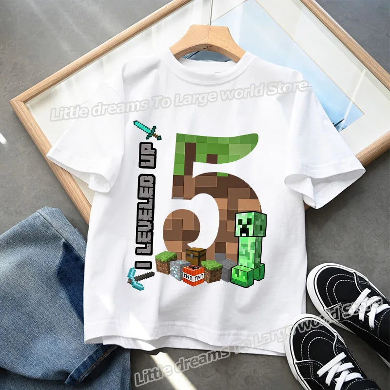 Miner Crafting Birthday Number T-Shirt – Cartoon Summer Short Sleeve Tops for Boys Party Gift