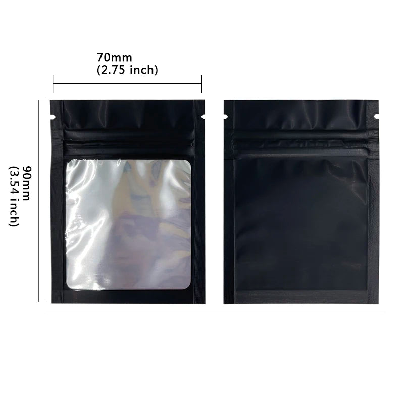 20–100PCS Black Matte Zipper Bags — Smell-Proof Mylar Pouches with One-Side Clear Window