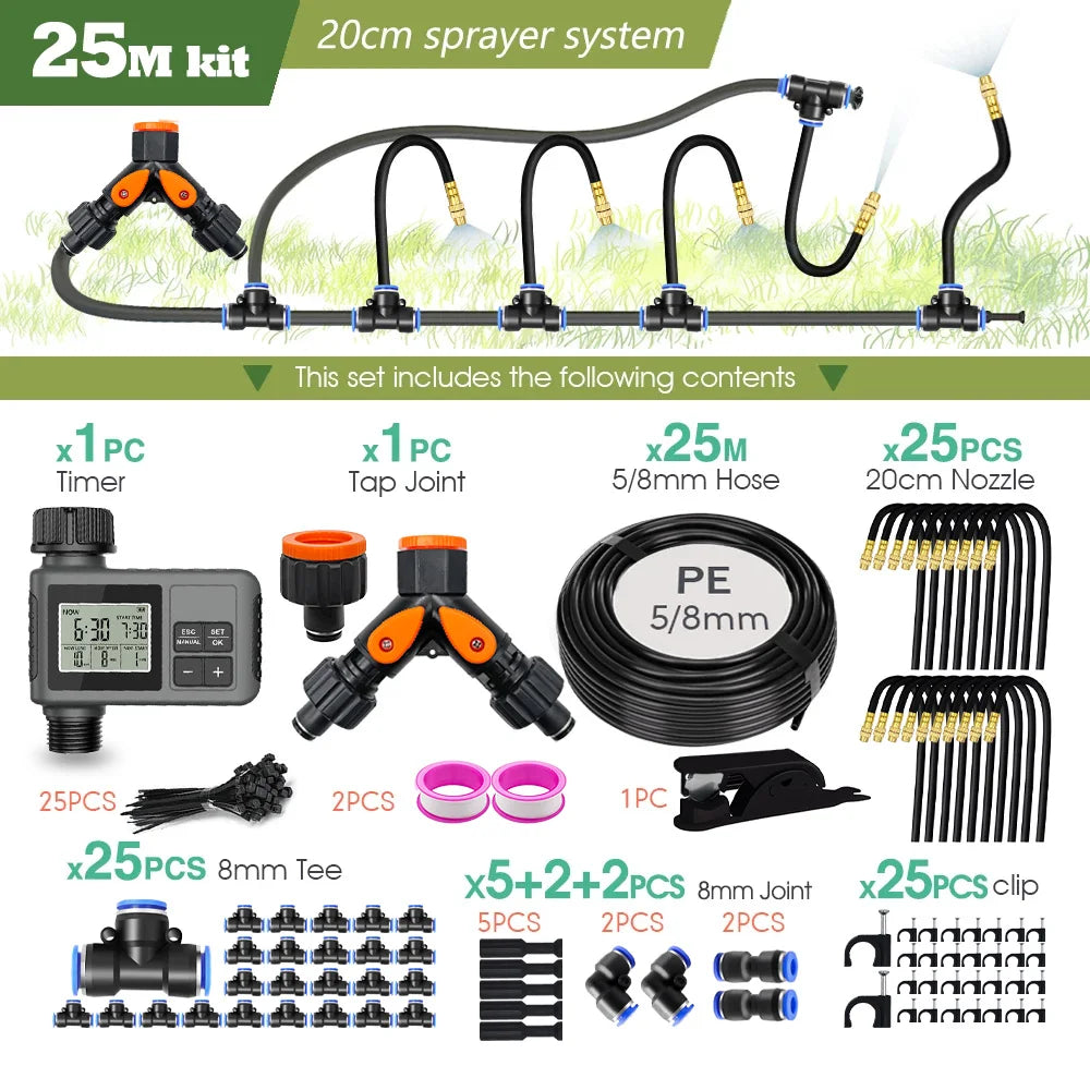 Garden Programmable Misting Timer System – 360° Adjustable Atomizer Nozzles, Outdoor Cooling & Watering Sprinkler Kit