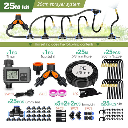 Garden Programmable Misting Timer System – 360° Adjustable Atomizer Nozzles, Outdoor Cooling & Watering Sprinkler Kit