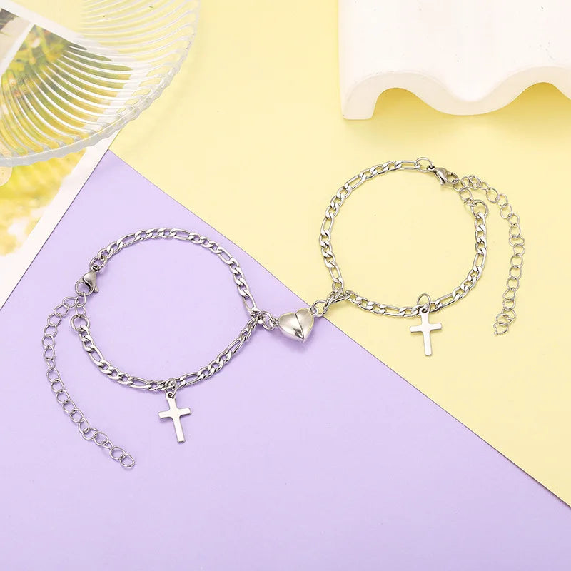 2-Piece Magnetic Couple Bracelet Set - Stainless Steel Heart Charm Cuban Chain Jewelry Gifts