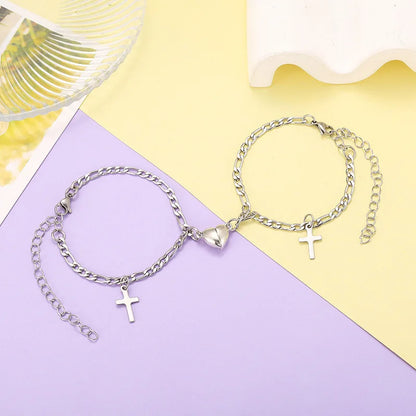 2-Piece Magnetic Couple Bracelet Set - Stainless Steel Heart Charm Cuban Chain Jewelry Gifts