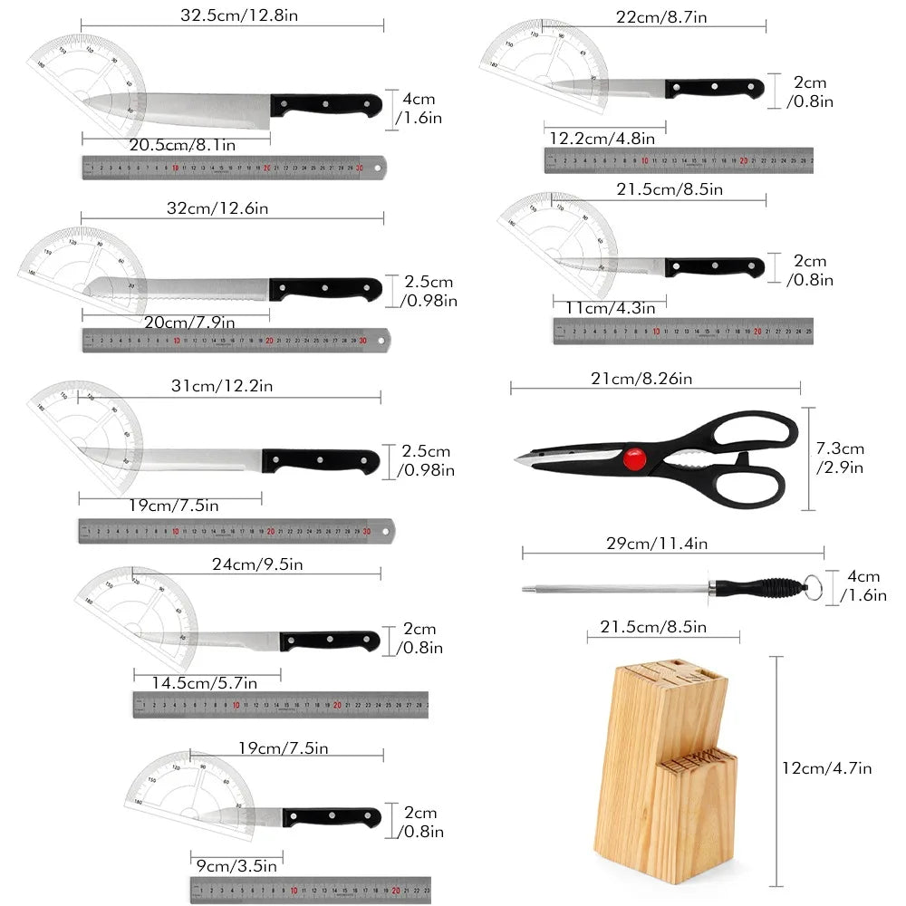 15-Piece Chef Knife Set – Stainless Steel Kitchen Knives with Scissors, Sharpening Rod & Solid Wood Block