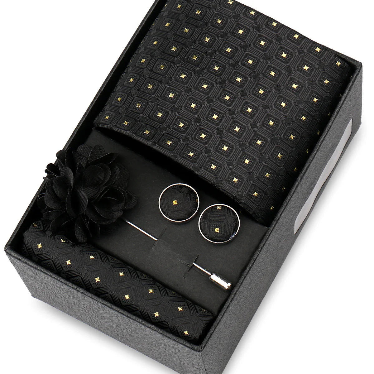 Elegant Men’s Necktie Gift Set - Fashion Tie with Handkerchief, Cufflinks & Brooch Pin Accessories for Business & Wedding