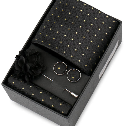 Elegant Men’s Necktie Gift Set - Fashion Tie with Handkerchief, Cufflinks & Brooch Pin Accessories for Business & Wedding