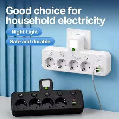 EU Plug Power Strip – 4 AC Outlets, 2 USB & 1 Type-C Ports with Independent Switch and Night Light