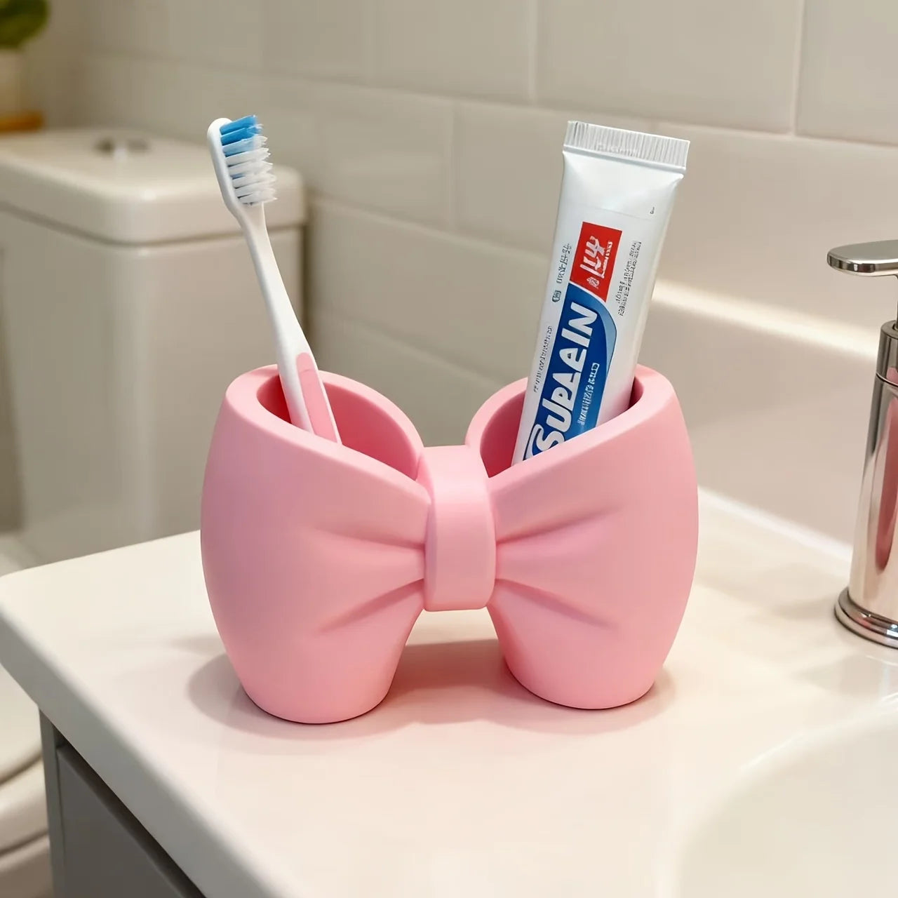 Creative Bow Pen & Toothbrush Holder – Freestanding Plastic Organizer for Bedroom & Bathroom Decor