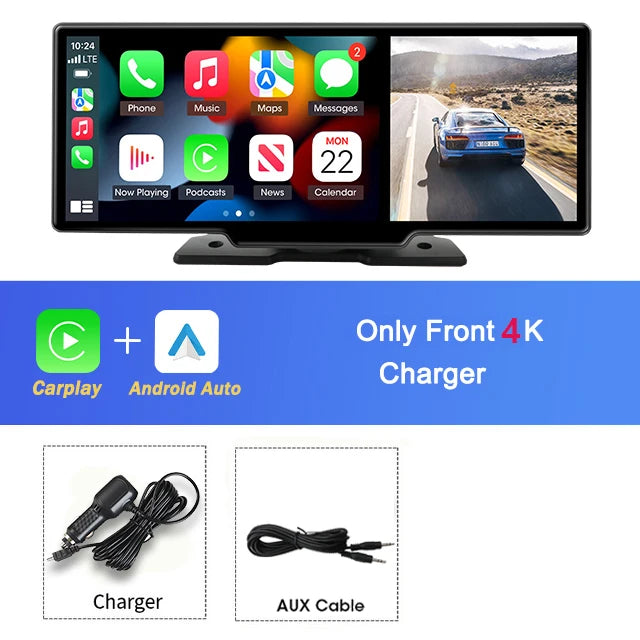 10.26'' 4K Car DVR Dashcam with CarPlay, Android Auto, Dual Lens Front 4K + Rear 1080P, Voice Control, GPS, BT, FM