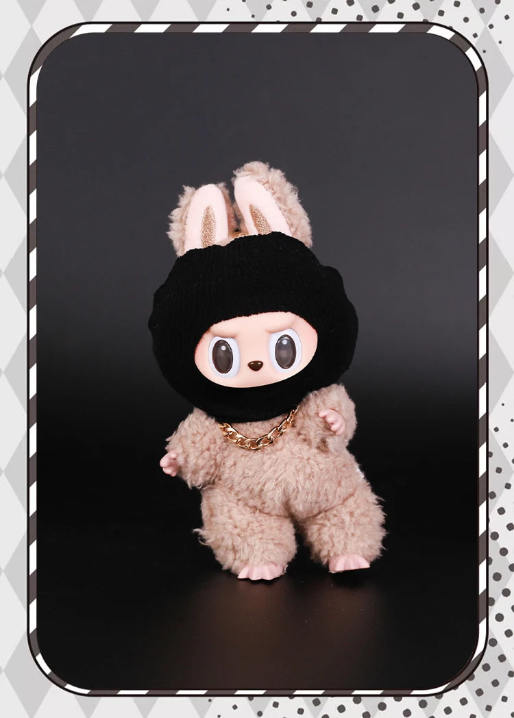 Labubu Doll Accessories – Trendy Black Knit Hat & Necklace Set, Cute and Funny Street Fashion Style