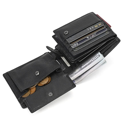 Genuine Cow Leather Trifold Wallet – Men’s Short Wallet with Zipper Coin Pocket & Card Holder Clutch Purse